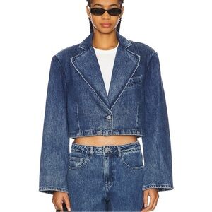 WEWOREWHAT Cropped Blazer Jacket Denim Oversized in Mid Dark Light Size M NWT